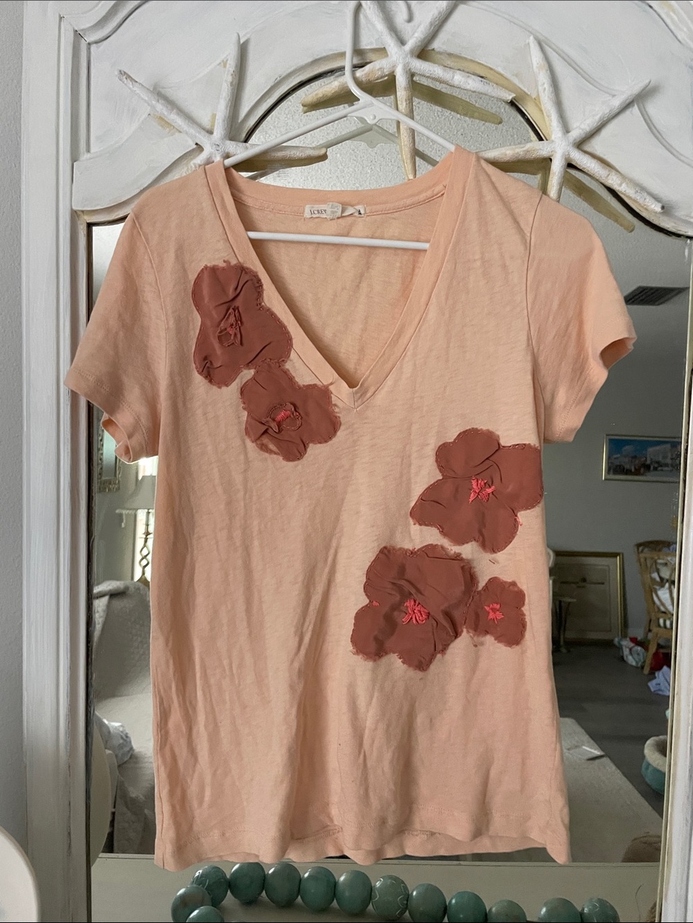 J. Crew Peach Short Sleeve V-Neck Tee with Rust Floral Appliqués